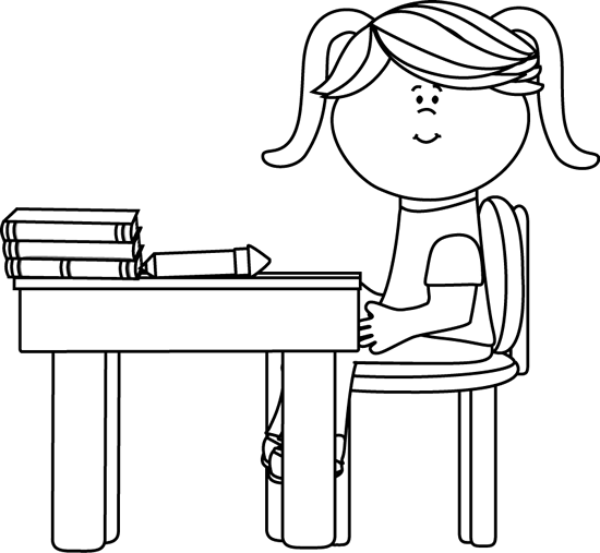 _Black_and_White_School_Girl_Sitting_at_a_Desk